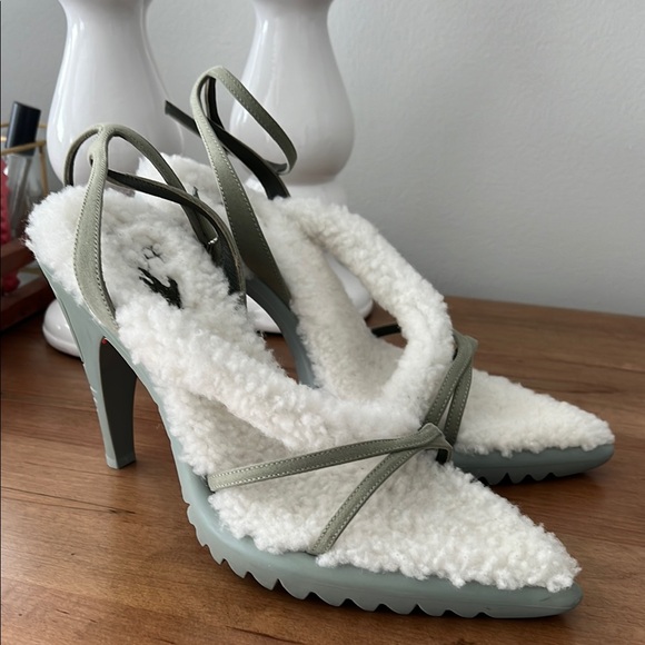 Off-White Faux Shearling Strap Heels - White and Military Green, Sz 8 (size 38)